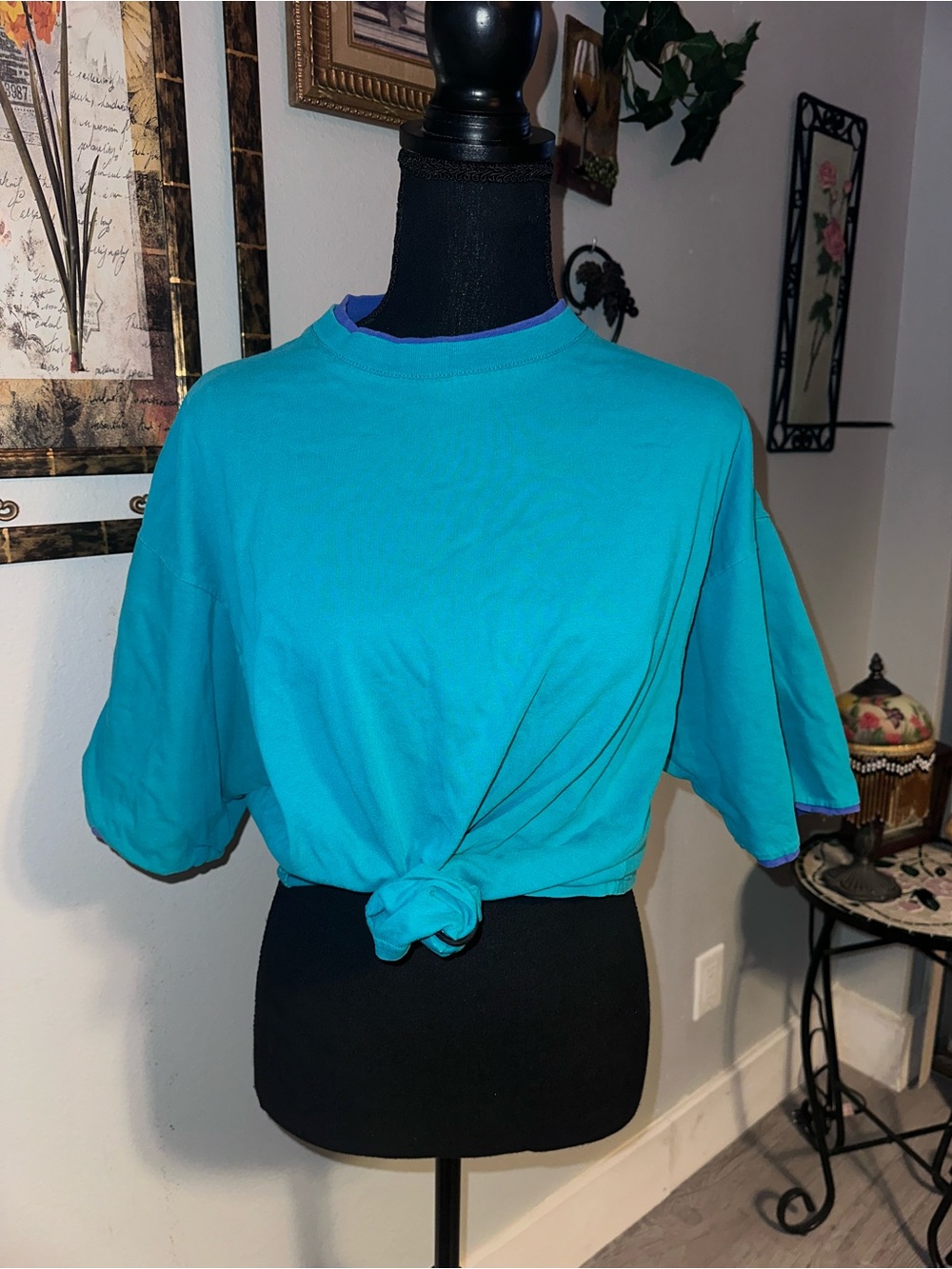 Vintage Hanes HerWay Colorblock Teal Blue Short Sleeve T-Shirt, Size L